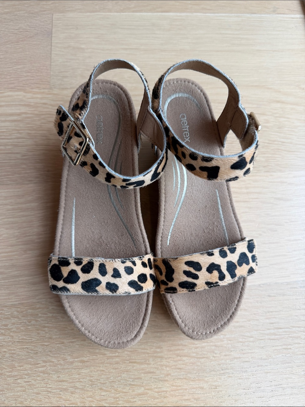 Aetrex Leopard Print Ankle Strap Wedges